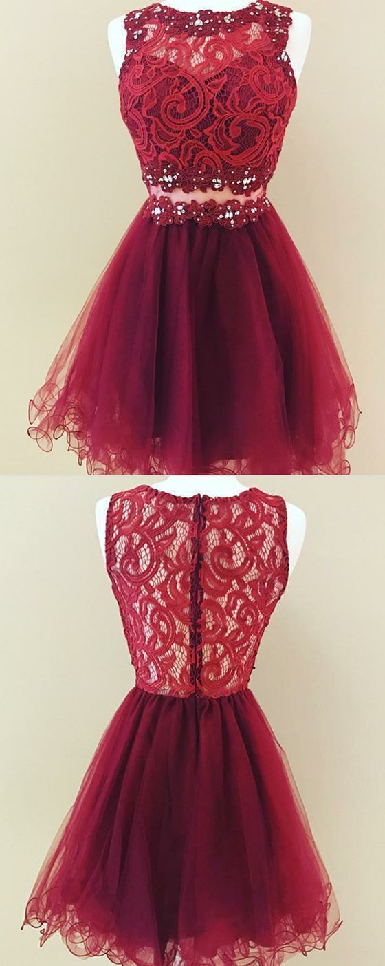 Prom Dresses 2033 Cheap, A Line Jewel Short Burgundy Tulle Homecoming Dress With Lace Sequins