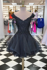 Evening Dresses On Sale, black v neck tulle beads short prom dress black homecoming dress