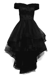 Wedding Party Dress, black off shoulder tulle and lace high low homecoming dress 2024 black prom dress