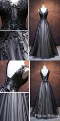 Prom Dresses Blues, Chic A Line V Neck Floor Length Tulle Black Applique Long Prom Dress, Evening Dress