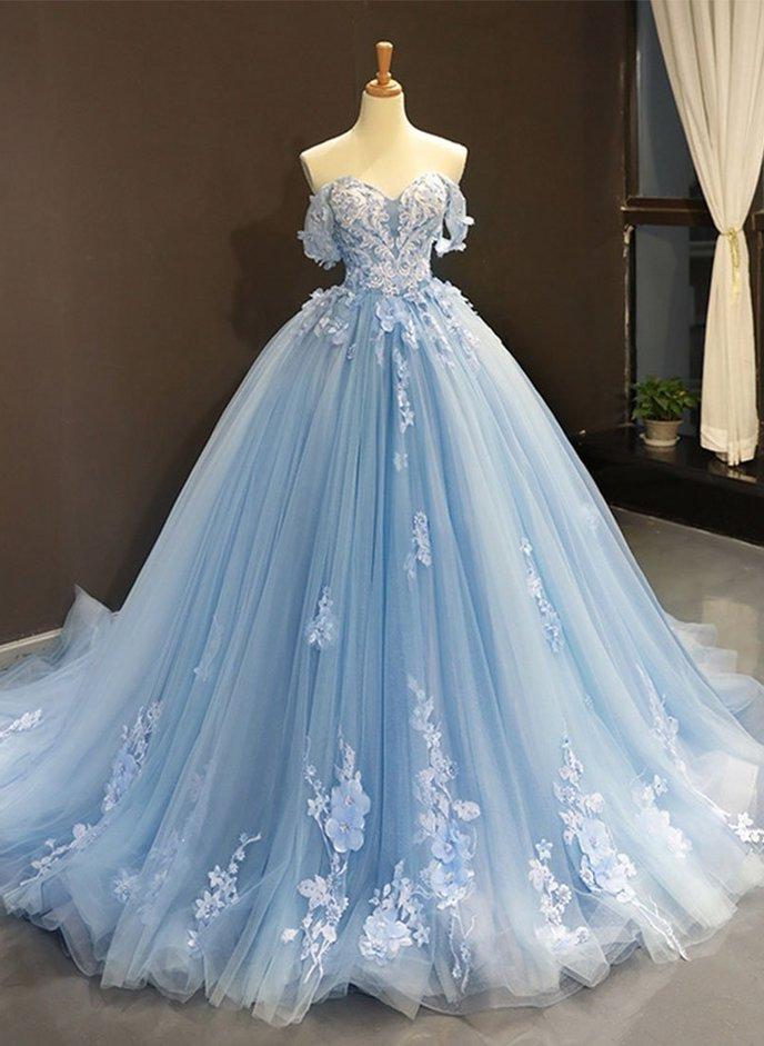Prom Dress Long Formal Evening Gown, Blue Tulle Lace Long Prom Gown Blue Evening Dress