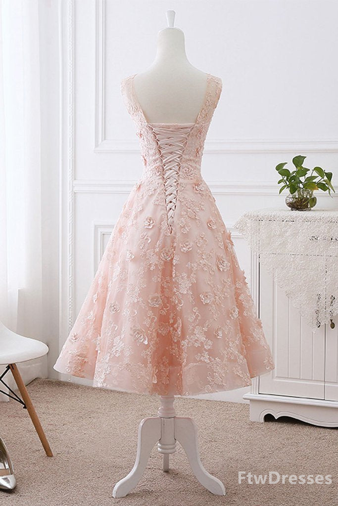 Evening Dresses Online Shopping, pink lace round neck tea length prom dress lace evening dress