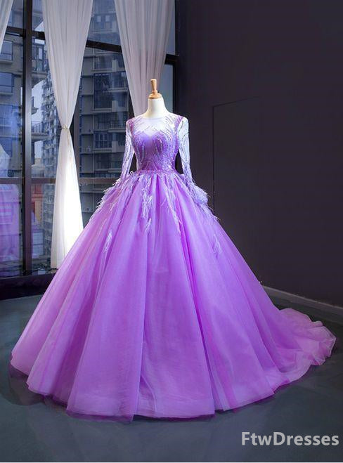 Senior Prom Dress, purple ball gown tulle long sleeve beading sequins luxury prom dress