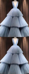 Prom Dress Tulle, Blue V Neck Tulle Long Prom Dress, Blue Tulle Evening Dress
