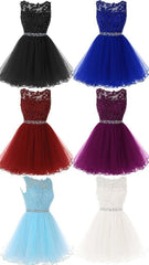 Prom Dresses Off Shoulder, A Line Sleeveless Lace Rhinestone Short Cocktail Party Dress
