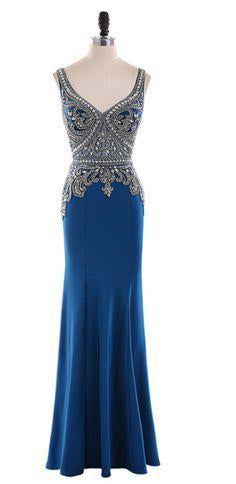 Elegant Gown, long mermaid evening gown with luxurious beaded crystal v neck strapless gown