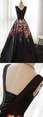 Prom Dress Sleeves, Black Satin Floral Prints Sleeveless Lace Up Back Prom Dresses