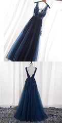 Prom Dresses Fitting, Elegant Navy Blue Prom Dress, Long Backless Prom Dress, Prom Dress With Appliques