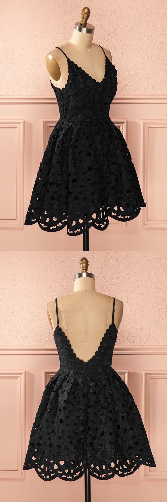 Prom Dresses Online, A Line Spaghetti Straps Backless Short Black Lace Homecoming Dress