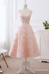 Evening Dresses Long, pink lace round neck tea length prom dress lace evening dress