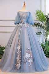 Prom Dresses Pattern, Unique Blue Tulle Lace Long Prom Dress, Blue Evening Dress