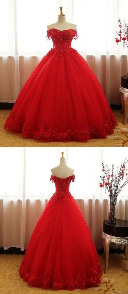 Prom Dress Graduacion, A Line Red Ball Gown Tulle Off Shoulder Long Prom Dresses