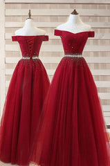 Prom Dress With Tulle, Burgundy A Line Off The Shoulder Sweetheart Prom Dresses, Beads Evening Dresses
