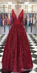 Prom Dresses With Slits, Sparkly Ball Gown V Neck Open Back Burgundy Sequins Long Prom Dresses, Unique Evening Dresses