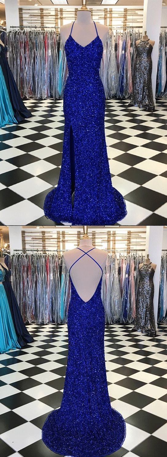 Prom Dresses 2035 Ball Gown, Sparkly Prom Dresses With Slit Sheath Short Train Long Royal Blue Prom Dress