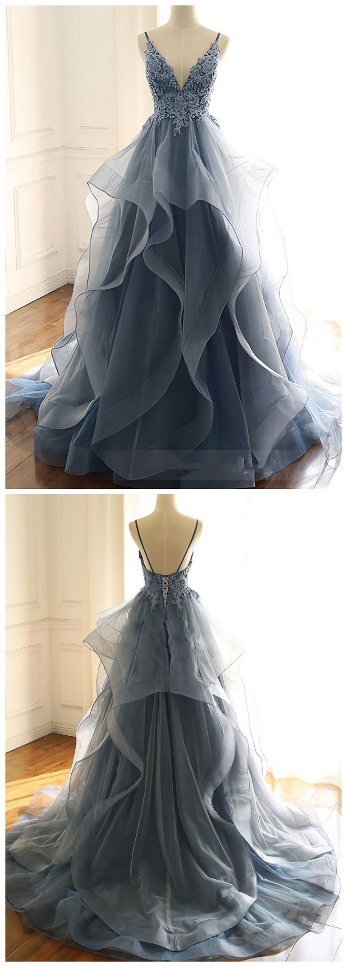 Aesthetic Dress, TULLE LACE LONG BLUE Prom Dresses