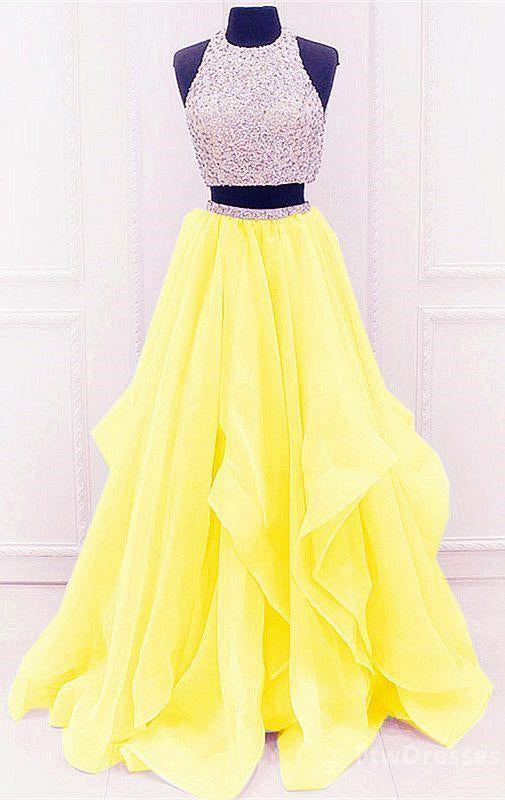 Satin Bridesmaid Dress, yellow prom dresses two piece prom dresses Tow pieces prom dresses sparkle prom dresses