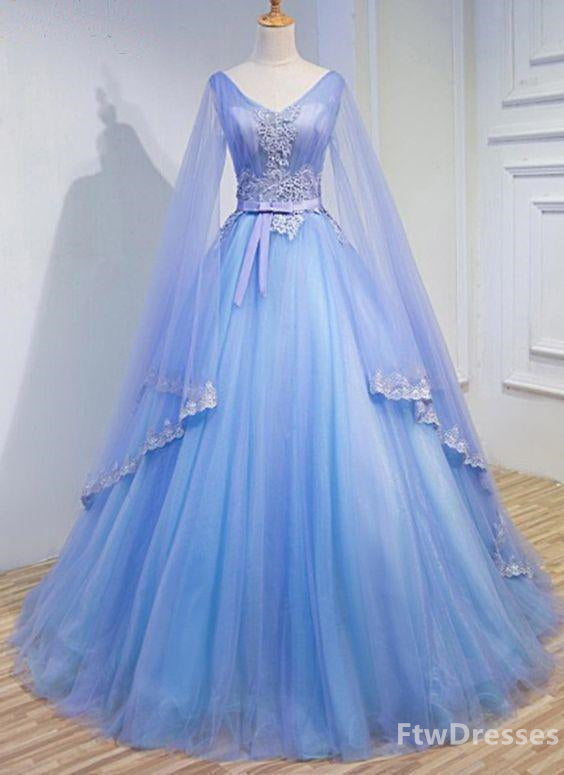 Dress Formal, light blue tulle v neck long sleeve lace applique prom dress for teen
