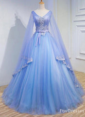 Dress Formal, light blue tulle v neck long sleeve lace applique prom dress for teen