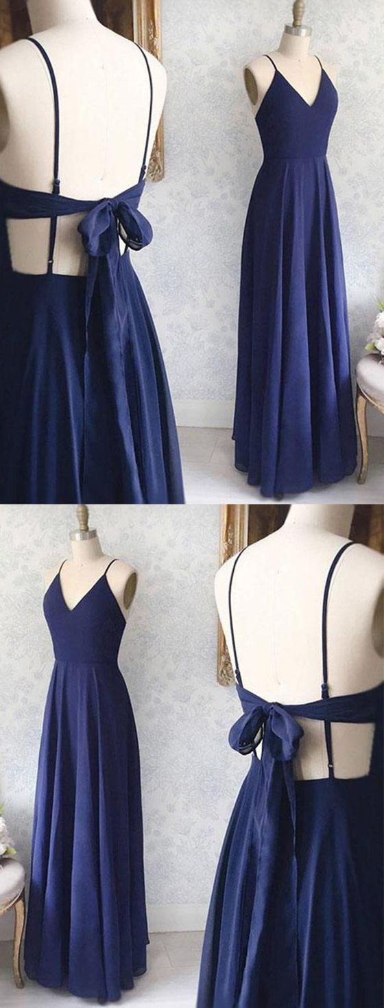 Prom Dress Floral, Great Evening Dresses, Backless Sexy Spaghetti Straps Backless Navy Blue Chiffon A Line Floor Length Prom Dress