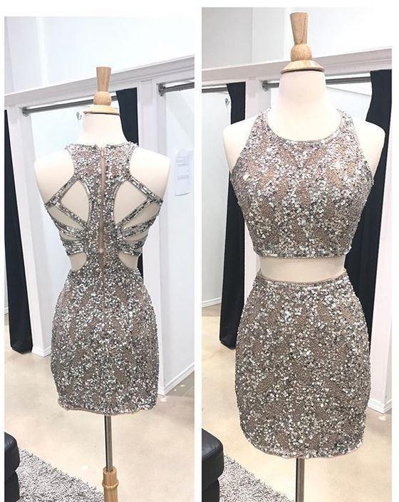 Prom Dresses Princess Style, Two Piece Homecoming Dresses, Beaded Homecoming Dresses, Sheath Homecoming Dresses, Open Back Homecoming Dresses