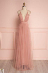 Wedding Dressing Gown, Deep V Neck Prom Dress, Blush Pink Floor Length Tulle Wedding Party Dress, Spaghetti Straps