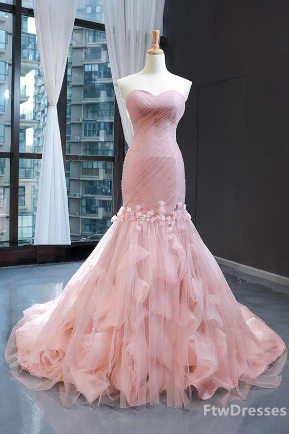 Long Formal Dress, pink sweetheart tulle prom dress mermaid formal ball gowns gorgeous evening dress with sweep train