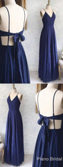 Prom Dresses For Skinny Body, Great Evening Dresses, Backless Sexy Spaghetti Straps Backless Navy Blue Chiffon A Line Floor Length Prom Dress