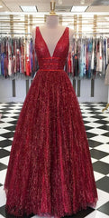 Prom Dress Long Ball Gown, Sparkly Ball Gown V Neck Open Back Burgundy Sequins Long Prom Dresses, Unique Evening Dresses