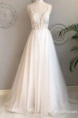 Gorgeou Dress, white v neck tulle lace long prom dress