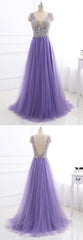 Prom Dresses For Black, Purple Tulle V Neck Silver Beaded Long Evening Dress, Purple Halter Prom Dress