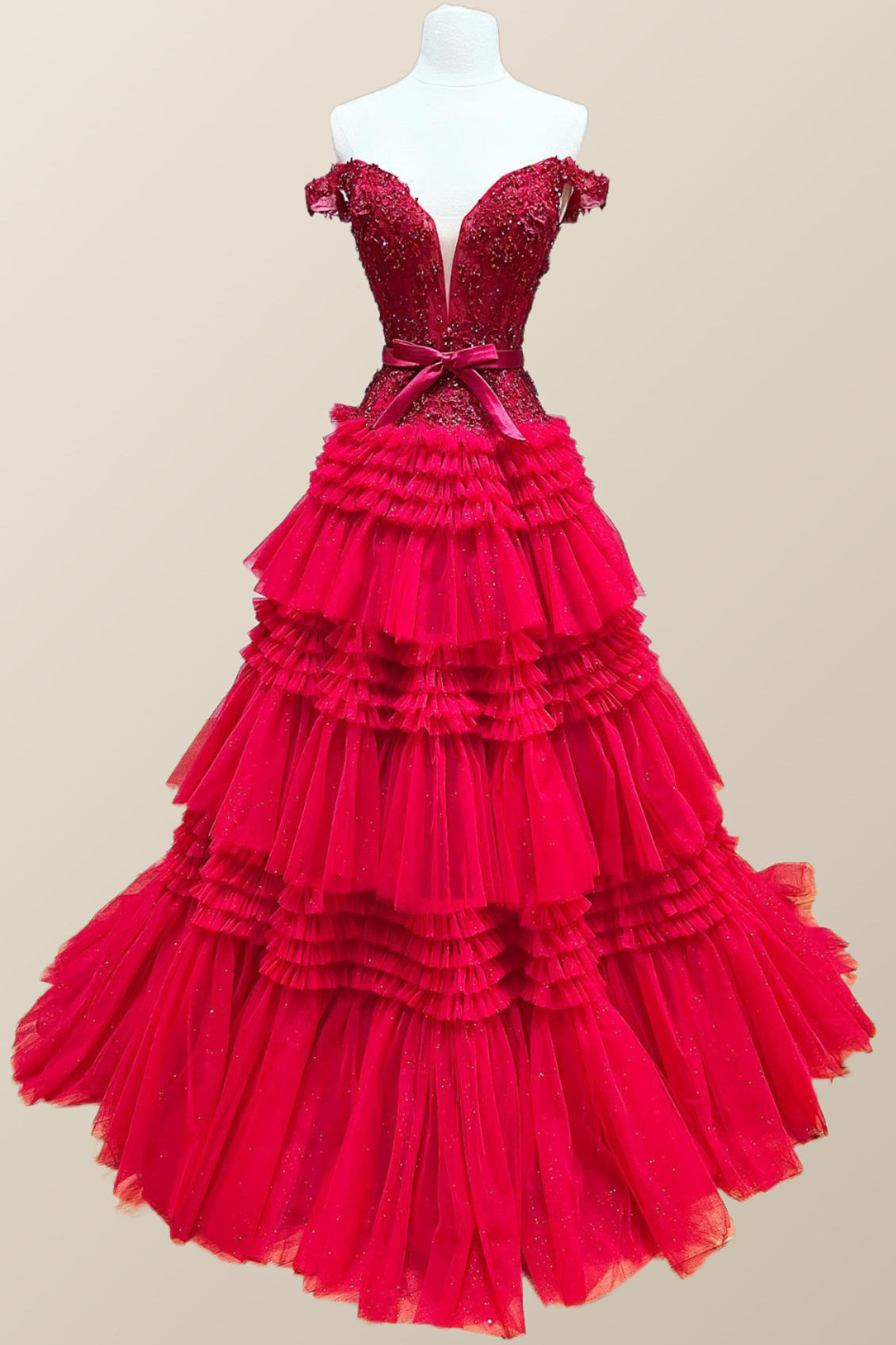 Prom Dress Gold, Off the Shoulder Red Appliques Tiered Long Formal Dress
