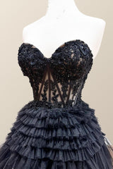 Prom Dresses Black Girls, Sweetheart Black Lace Appliques Tiered Long Formal Dress