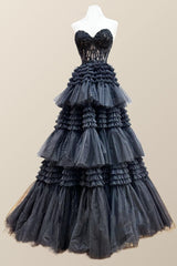 Prom Dress Black Girl, Sweetheart Black Lace Appliques Tiered Long Formal Dress