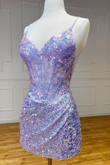 Homecoming Dress Red, Purple Straps Sequined Embroidery Sheath Homecoming Dress