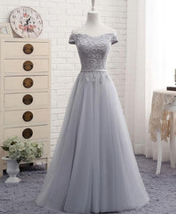 Party Dress Christmas, Gray A Line Lace Off Shoulder Prom Dress, Lace Evening Dresses