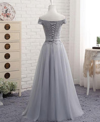Party Dress White, Gray A Line Lace Off Shoulder Prom Dress, Lace Evening Dresses