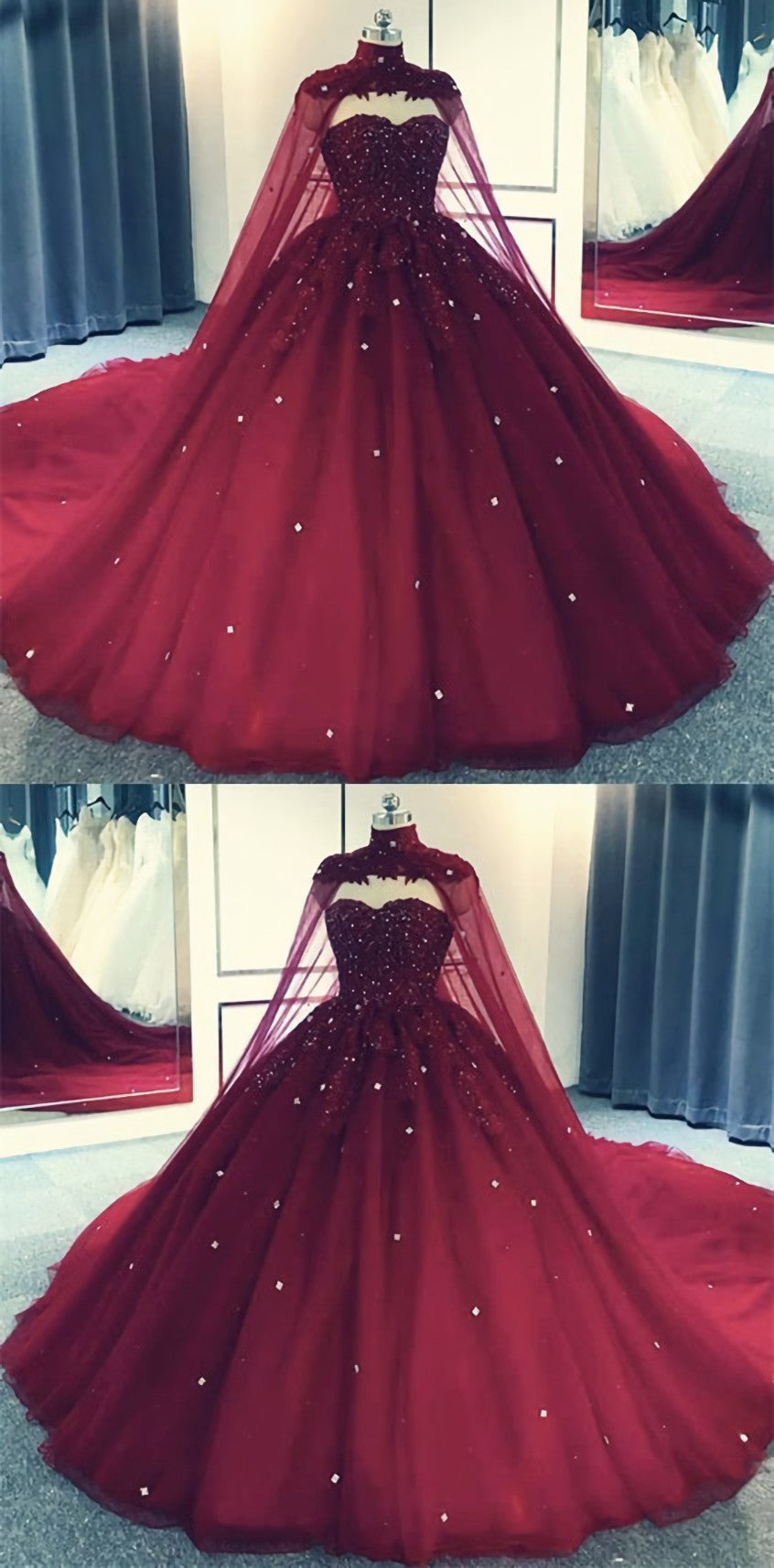 Prom Dressed Short, Glam Ball Gown Quinceanera Dress Lace Applique Beaded Cape, Wine Red Formal Dress Party Gowns