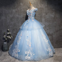 Party Dress Dames, Glam Blue Ball Gown Tulle with Lace and Flowers Sweet 16 Dress, Blue Formal Dress