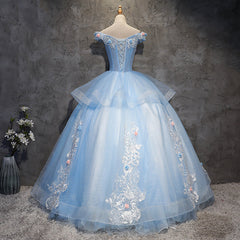 Party Dress Big Size, Glam Blue Ball Gown Tulle with Lace and Flowers Sweet 16 Dress, Blue Formal Dress