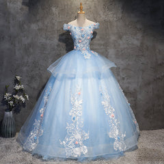 Party Dresses Glitter, Glam Blue Ball Gown Tulle with Lace and Flowers Sweet 16 Dress, Blue Formal Dress