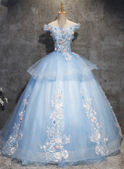 Party Dress Silk, Glam Blue Ball Gown Tulle with Lace and Flowers Sweet 16 Dress, Blue Formal Dress