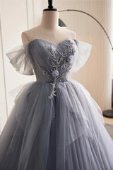 Prom Dresses Princesses, Glam Blue-Grey Tulle with Lace Applique Long Party Dress, Tulle Formal Dress Evening Gown