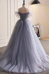Prom Dresse Princess, Glam Blue-Grey Tulle with Lace Applique Long Party Dress, Tulle Formal Dress Evening Gown