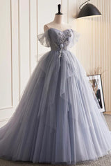 Prom Dress Princess, Glam Blue-Grey Tulle with Lace Applique Long Party Dress, Tulle Formal Dress Evening Gown