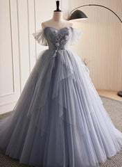 Prom Dresses2019, Glam Blue-Grey Tulle with Lace Applique Long Party Dress, Tulle Formal Dress Evening Gown