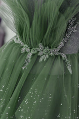 Bridesmaid Dresses Peach, Glam Green Layers Tulle Straps Beaded Long Party Dress, Green Long Formal Dress
