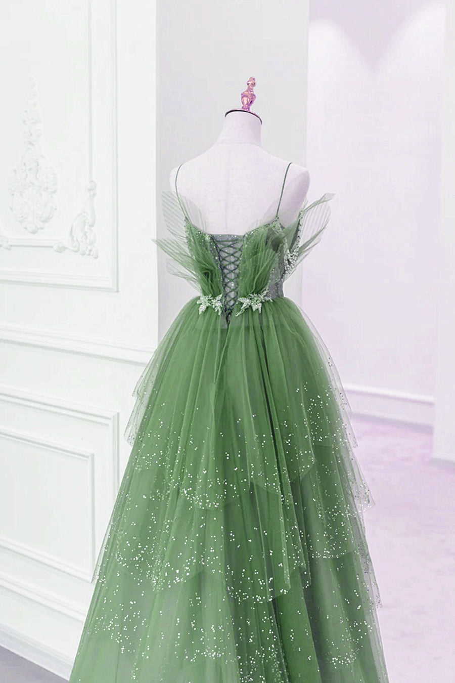 Bridesmaid Dress Blushing Pink, Glam Green Layers Tulle Straps Beaded Long Party Dress, Green Long Formal Dress
