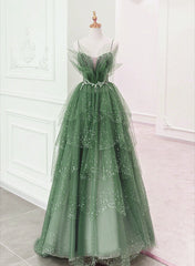 Bridesmaid Dresses Dusty Rose, Glam Green Layers Tulle Straps Beaded Long Party Dress, Green Long Formal Dress