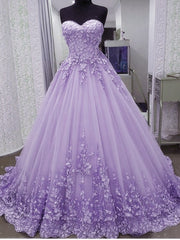 Evening Dress Stores, Glam Light Purple Sweet 16 Gown Tulle with Lace Applique, Lavender Tulle Formal Gowns